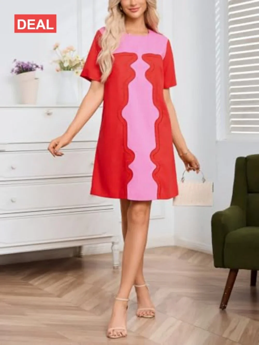 Color Block Shift Dress Cotton Linen Short Sleeve Embroidered Mini Dress with - Picture 5 of 6